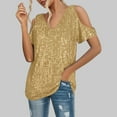 thumbnail image 2 of MIXUE Boho Tops For Women Summer Sequins Solid Color V Neck Short Sleeve Loose Tshirts Streetwear,Yellow,S, 2 of 5