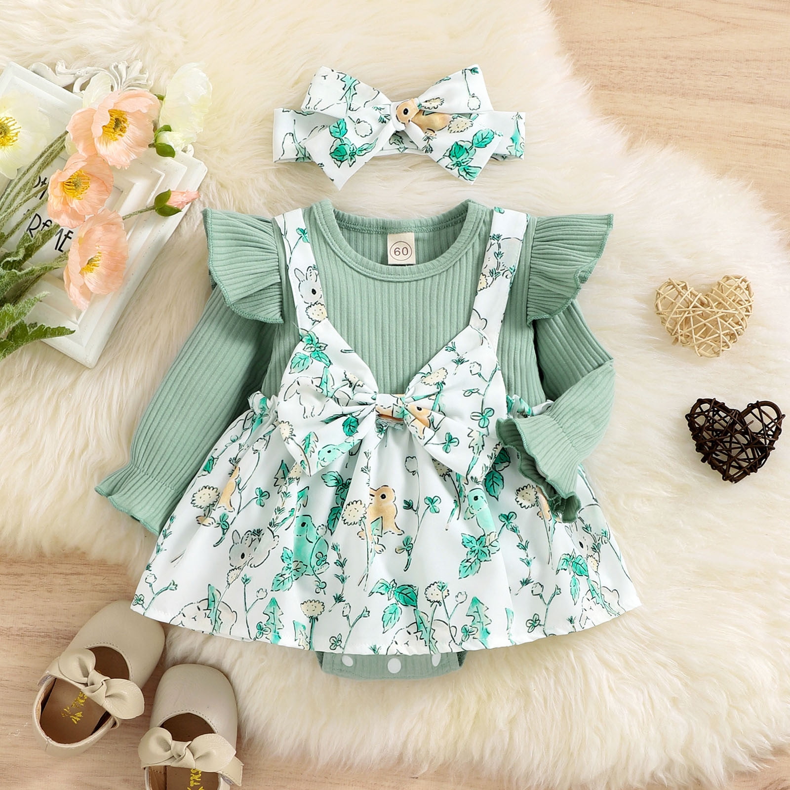 Baby 2pcs Waffle All Over Green Camouflage / Sunflower Floral Print Long-sleeve Romper Dress