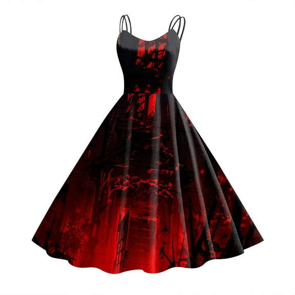 Women Vintage Halloween Print Sleeveless 1950s Evening Swing Party Prom Dress