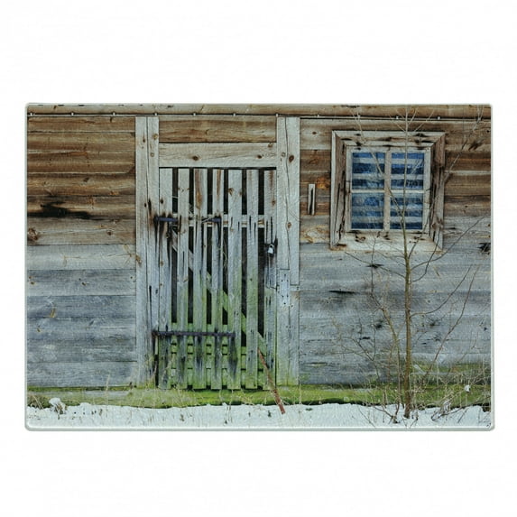 Prehistoric Country Cutting Board, Retro Neglected Old Farmhouse Rustic Wooden Door and Window Rural, Decorative Tempered Glass Cutting and Serving Board, Small Size, Brown Green Grey, by Ambesonne