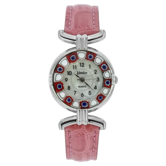 GlassOfVenice Murano Glass Millefiori Watch with Leather Band -  Silver Pink