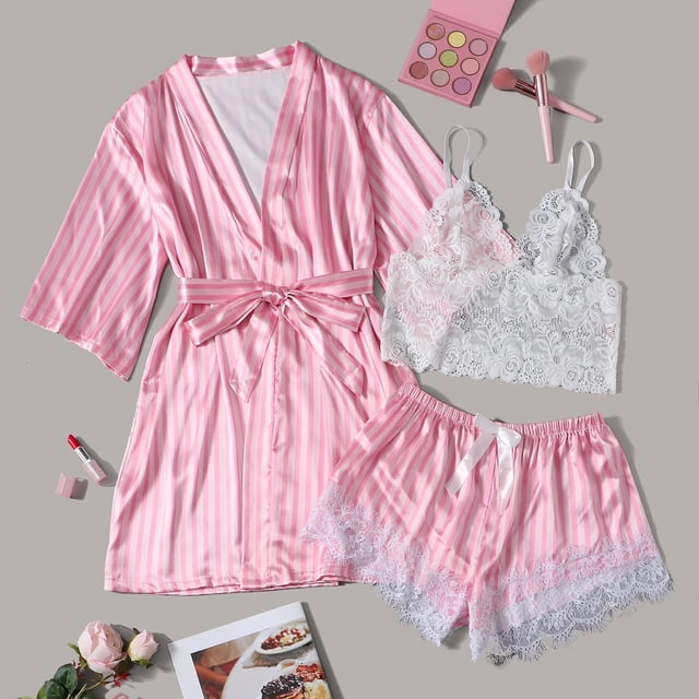 DPTALR Women Plus Size Sexy Lingerie Silk Robe Satin Bathrobe Three-piece Set Sleepwear Pajamas