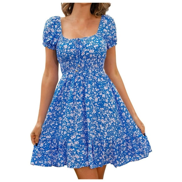 TJAZFJPA Designer Dresses for Women Women's Summer Dress Floral Print High Waist Dresses Puff Sleeves Retro Sexy Casual Tunic Beach Mini Dress Formal Dresses Women Silver Dress