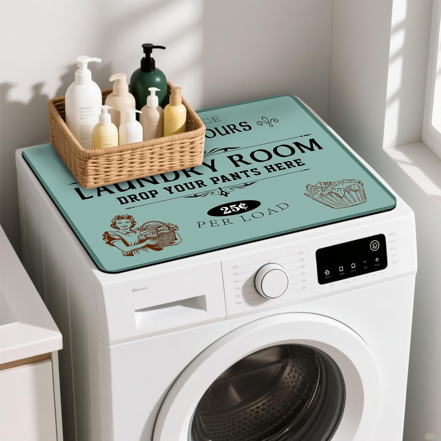 Non-Slip Washer & Dryer Top Cover Protector Mat Dust-Proof Washing Machine Cover Pad With Vintage Teal & Green Laundry Sign Design Universal 23.6"x19.7" for Laundry Room & Kitchen Decor