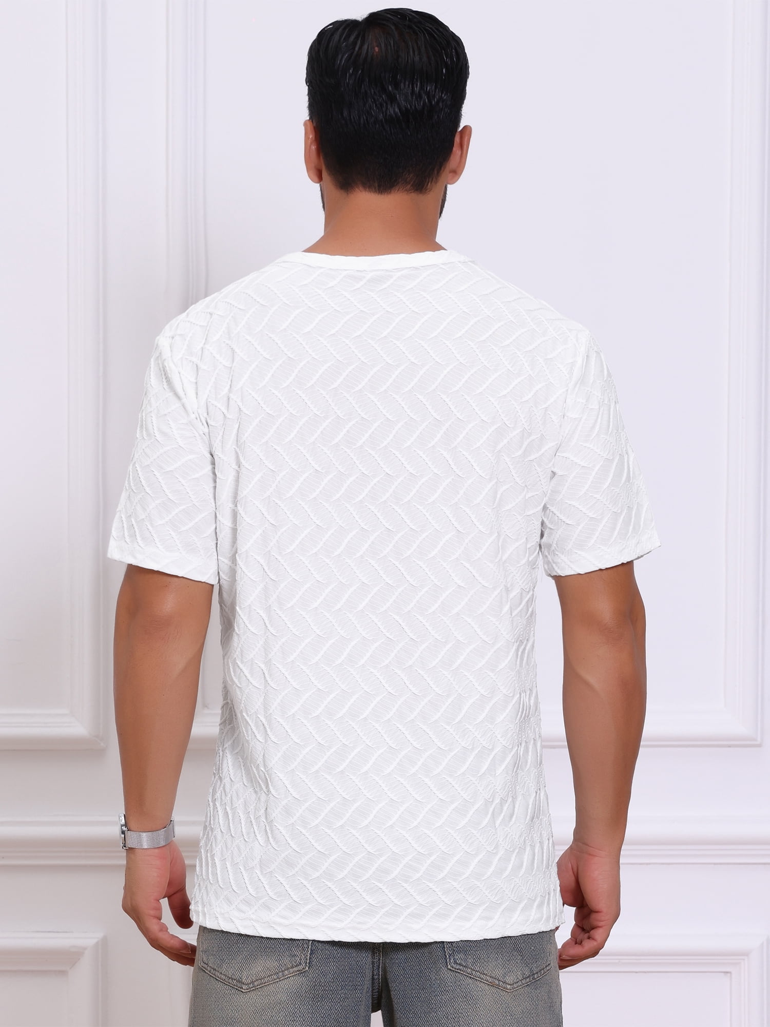 DARING DIVA Men's Knitted T-Shirts Short Sleeve Crew Neck Jacquard T-Shirt M White
