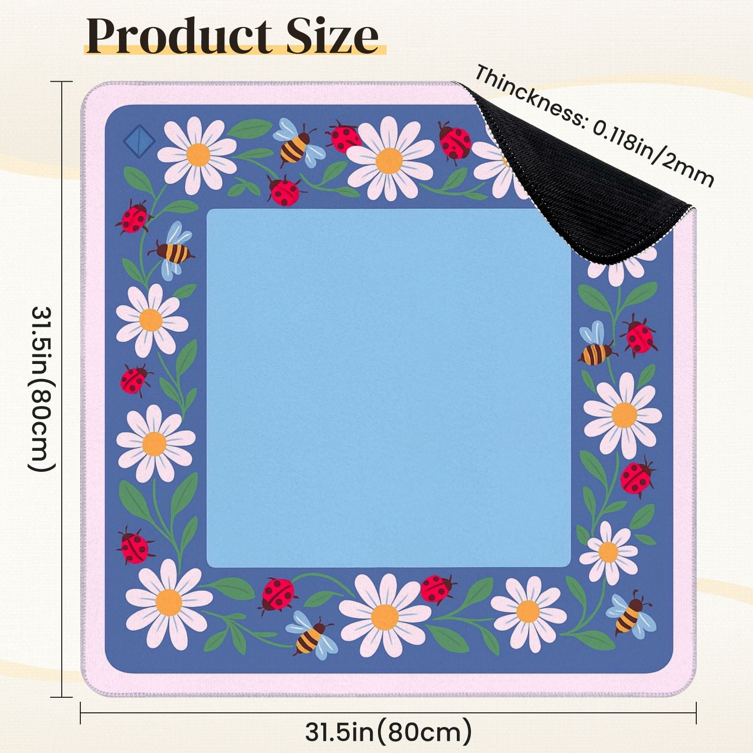 Mahjong Mat 31.5" x 31.5" Floral Daisies Ladybugs Bees Blue Anti-Slip and Noise Reduction Symmetry Design Mahjong Tiles Table Cover for Dominoes Poker Card Board and Tile Games