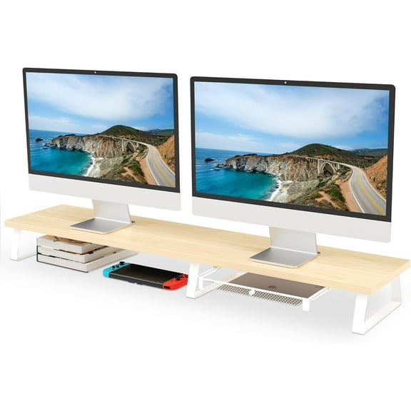 Dual Monitor Stand Riser - Monitor Stand with Drawer,Monitor Stand For 2 Monitors, Desk Shelf For Monitor with Metal Legs, Wood Monitor Stand with Storage Organize For Pc,Laptop,Screen (Oak)