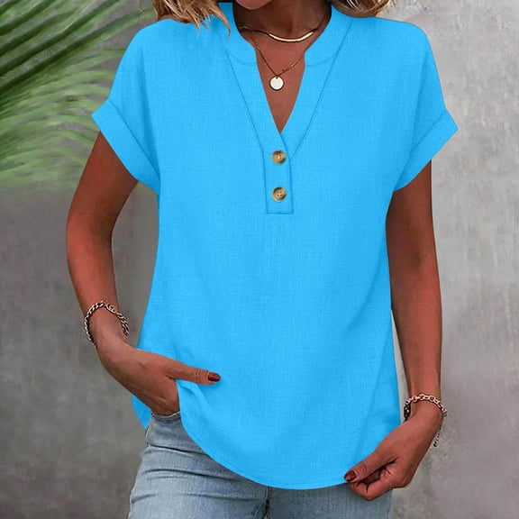 RKSTN Short Sleeve Tops for Women Cotton Linen Blend T Shirt Summer Solid Color Short Sleeve V Neck Buttons Comfy Versatile Weekend Outing Shopping Shirts Top