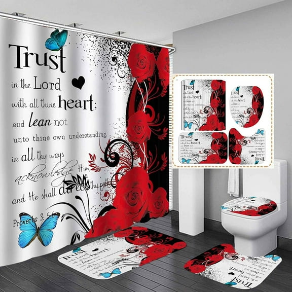 4PCS Inspirational Red Rose Shower Curtain Set, Positive Motivational Quotes Blue Butterfly Floral Romantic Valentine's Day Modern Bathroom Decor, White Shower Curtain Non-slip Bath Mat