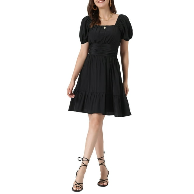 Vestido smock de verano casual para mujer INSPIRE CHIC con lazo en la espalda y volantes en corte A S Negro