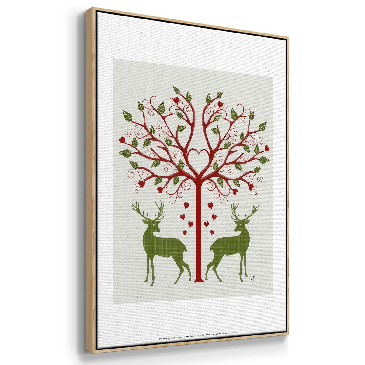 Christmas Des - Deer and Heart Tree, On Cream - Framed Gallery Wrapped Holiday Canvas - 27 x 41 - Natural Wood Frame