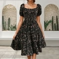 thumbnail image 2 of Robes d'Invité de Mariage Femmes Grande Taille Tempérament Floral Col Carré Manches Courtes Taille Volantée Jupe Ligne A Robe d'Été Grande Taille Noir L, 2 of 4