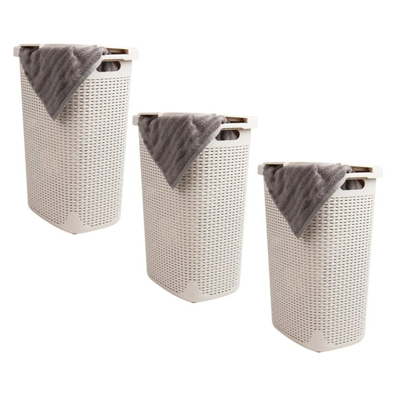 Mind Reader 60L Slim Laundry Hamper, Clothes Basket, Lid, Wicker Design, Plastic, 17.65"L x 13.75"W x 24.15"H, Set of 3, Ivory