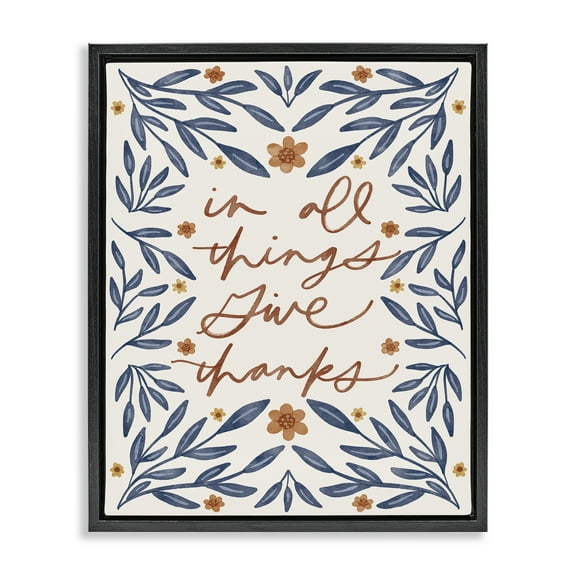Stupell Industries Give Thanks Botanical Plants & Flowers Painting Black Floater Framed Canvas Art Print Wall Art, 17 x 21