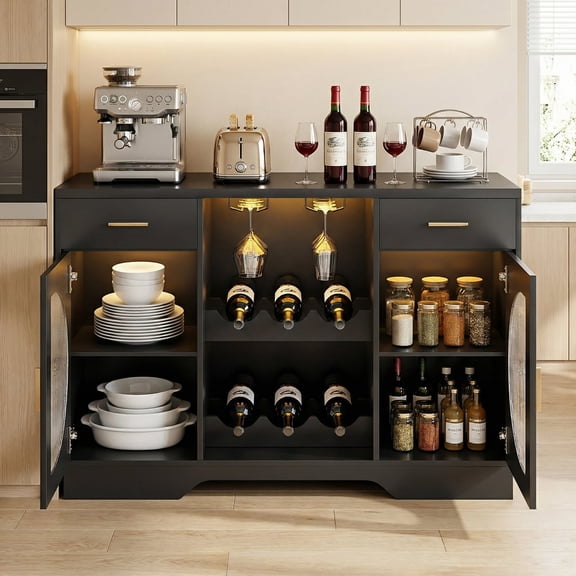 Bexfil 47" Modern Wine Bar Cabinet, Coffee Bar with Wine & Glass Rack, 2 Drawers and 4 Large Shelves, Buffet Sideboard,  Black Oak