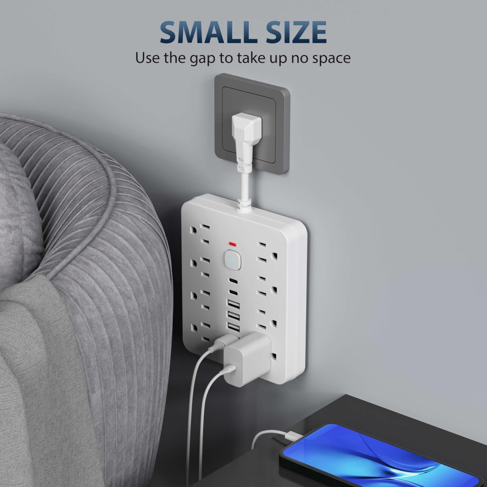 14-in-1 Multi-Function Power Board,Space-Saving Wall-Mounted Protector Power Strip with Surge Protection,Cord Outlets with Switch,Multiple Ac Outlets with 4 USB Ports,2 Type-C Power Outlets（White）