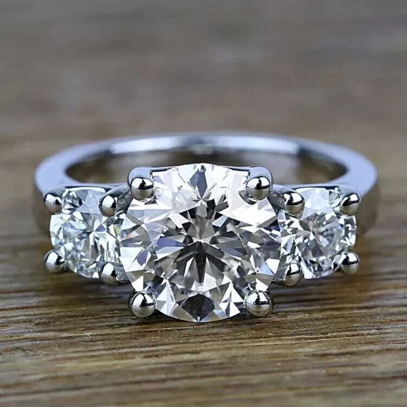 Women's Round Cut Diamond Three-Stone Engagement Ring 14K White Gold Plated Silver