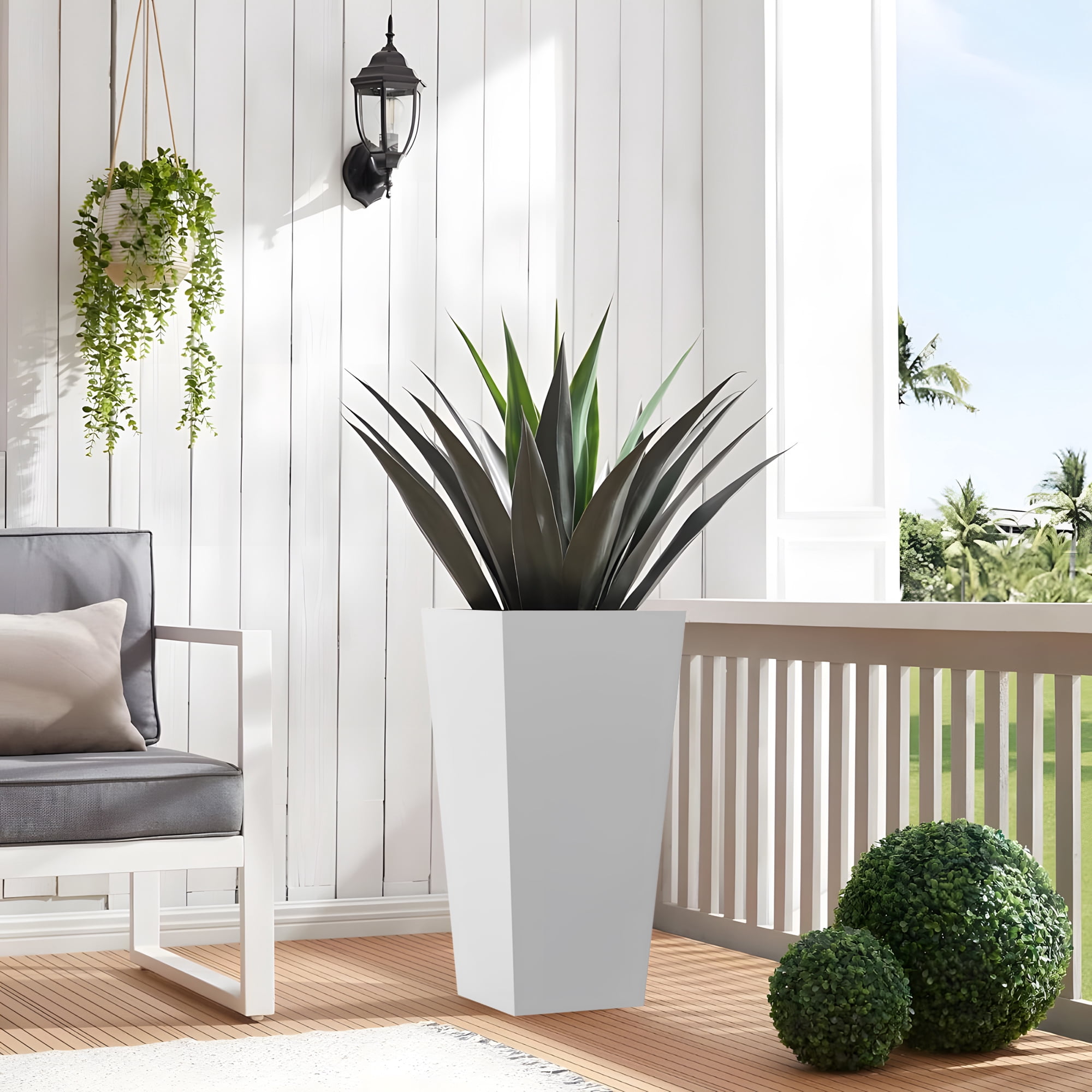 MAYEERTY 25"H Metal Tapered Plant Pot, Large Planter with Drainage Hole & Rubber Plug for Indoor Patio Garden, White