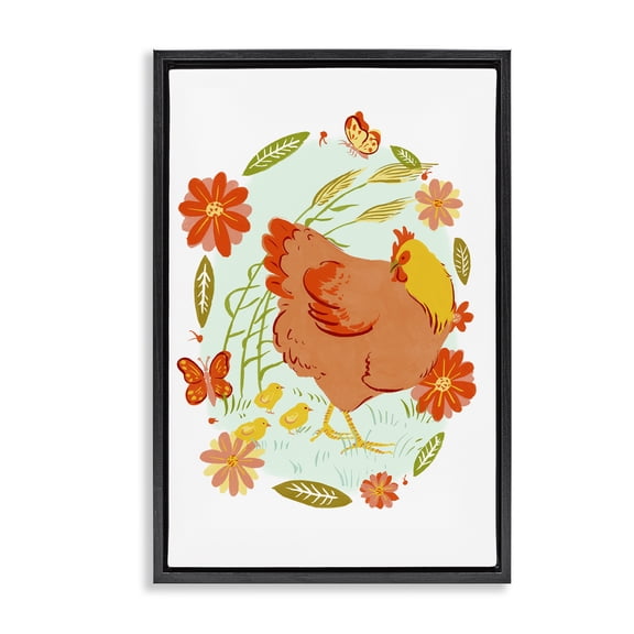 Stupell Industries Farmhouse Hen & Chicks Circular Florals Black Floating Frame Canvas Art, 17 x 25, by Hannah Moren