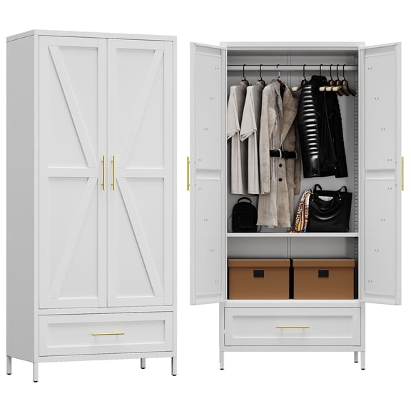 AOBABO etal Wardrobe Cabinet with 1 Drawer, 71" H Metal Armoire Wardrobe Closet with 1 Adjustable Shelf and Hanging Rod for Home,White