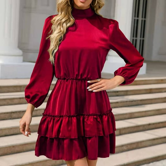 OSFVNOXV Fall Dresses for Women High Waist Satin Dress High Neck Bell Sleeve Tiered A-Line Ruffle Swing Mini Dress for Dating