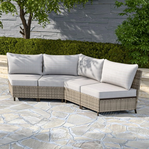 COOS BAY Aurora Terrace Set of 2 Brown Wicker Rattan Patio Sectional Seating Group Armless Loveseat, Beige Cushion
