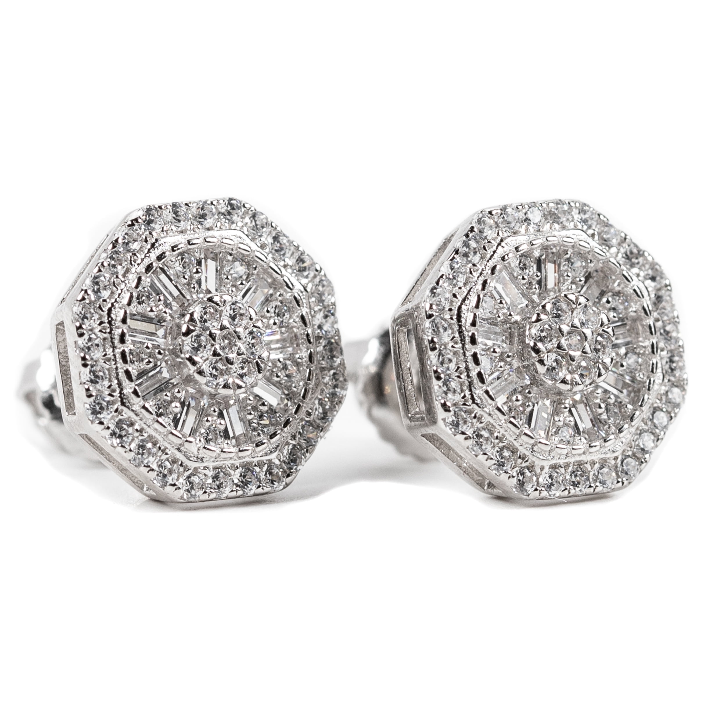 Men's Round White Gold 925 Sterling Silver Screw Back Post Cz Hip Hop Octagon Baguette Cut Cluster Stud Circle Earrings
