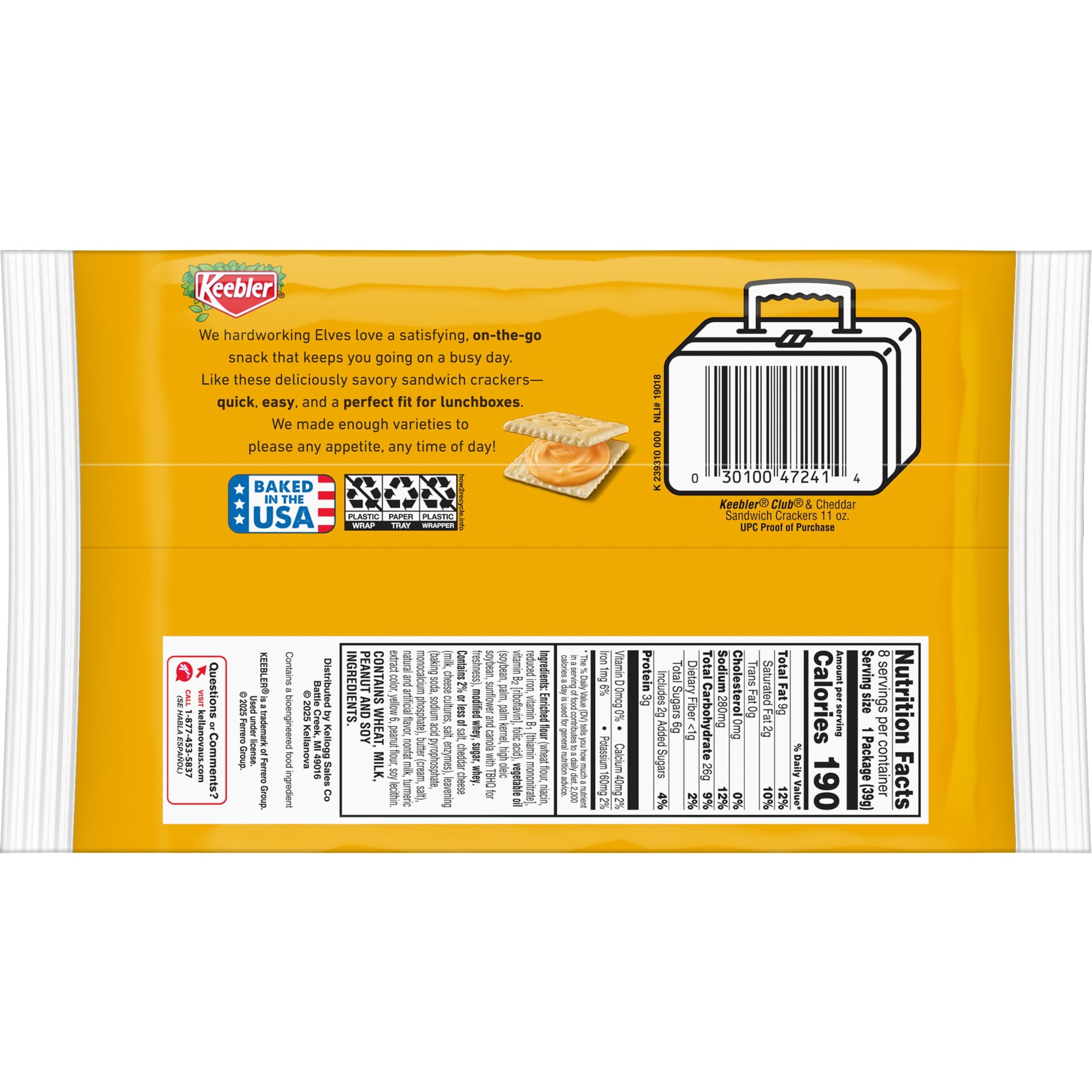 Keebler Club and Cheddar Sandwich Crackers, Single Serve Snack Crackers, 8 Count