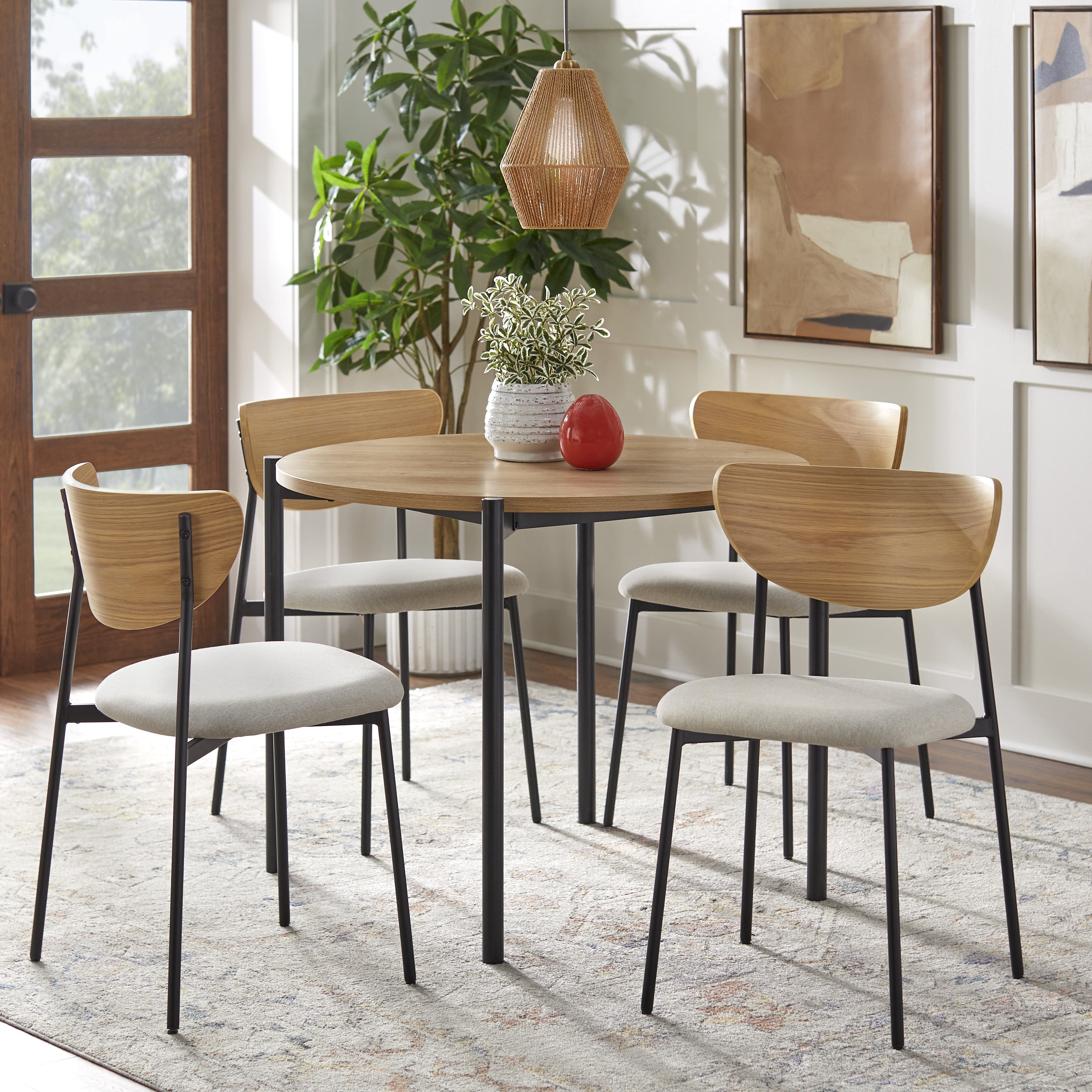 TMS Fullerton 5 Piece Round Indoor Metal Frame Dining Set, Light Oak/Beige