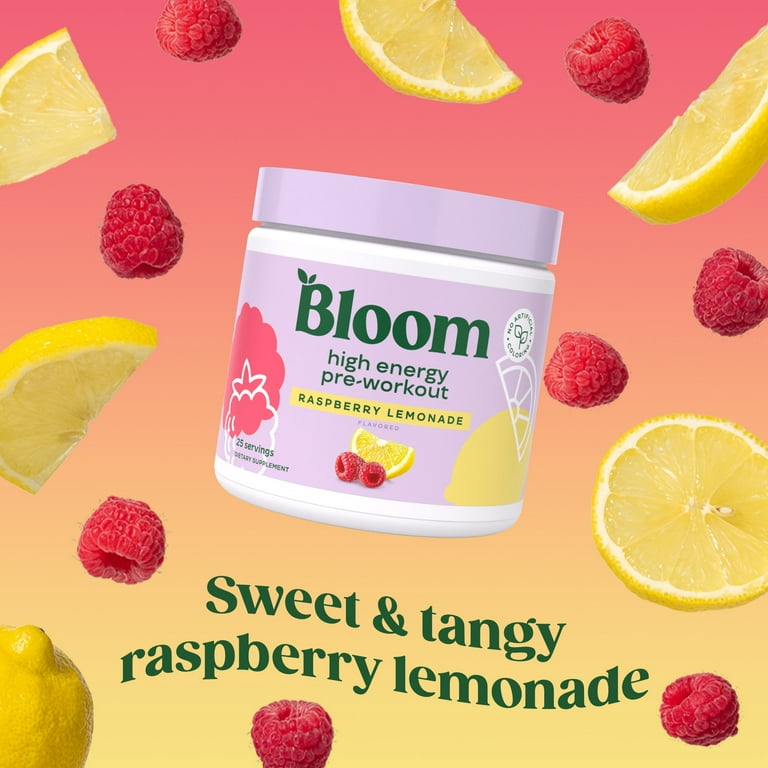 Bloom Nutrition High Energy Pre-Workout, Raspberry Lemonade, 25 Servings 