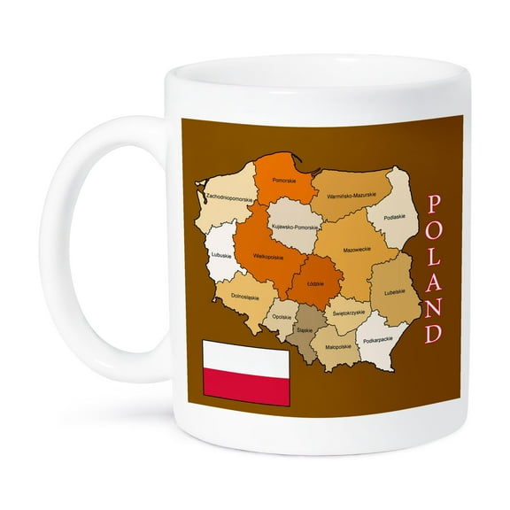 3dRose, Flag and map Poland in golden colors each political division labeled, 15oz Mug