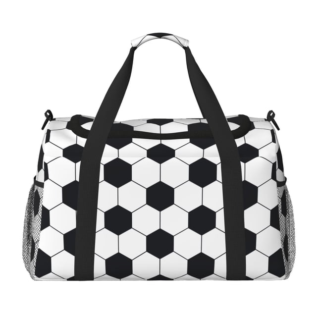 Xecao Soccer Ball Pattern Lightweight Crossbody Weekender Bag Mesh Side Pockets Padded Handles Sports Outdoor Gear Organizer