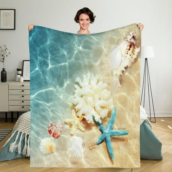 Beach Throw Blanket Ocean Beach Theme Blanket Seashell Blanket Travel Blankets Warm Blankets for Bedroom Living Rooms Sofa Beds Office 50x40 Inch