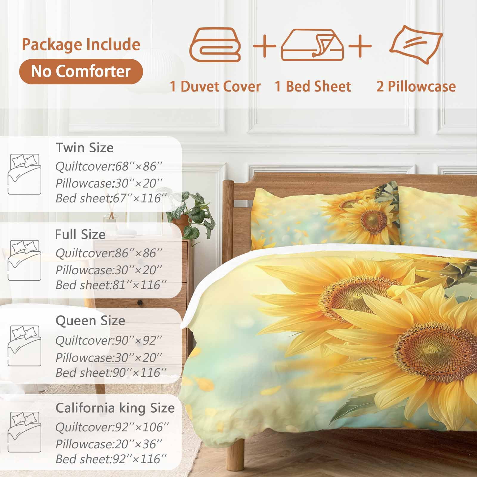 Sunflower Duvet Cover Set, Yellow Spring Floral Botanical Soft Duvet Cover Full Size Bedding Set 4 Pieces, 1 Quiltcover and 2 Pillowcases with Zipper, 1 Bed Sheet for All Seasons