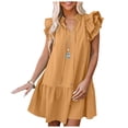 thumbnail image 5 of Siilsaa Womens 2024 Summer V-Neck Drawstring Ruffle Cap Short Sleeve Side Pockets Mini Dress Sundress Khaki,XL, 5 of 5