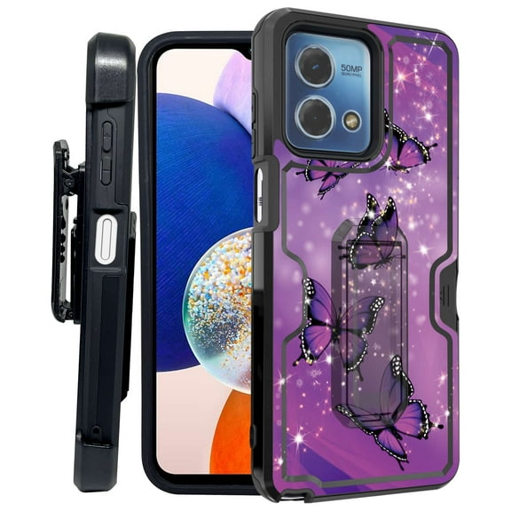 ANJ  Rugged Shockproof Kickstand Hybrid Case with Card Slot and Holster   Tempered Glass Cover for Motorola Moto G Stylus 5G (2023) - Hot Pink Butterfly