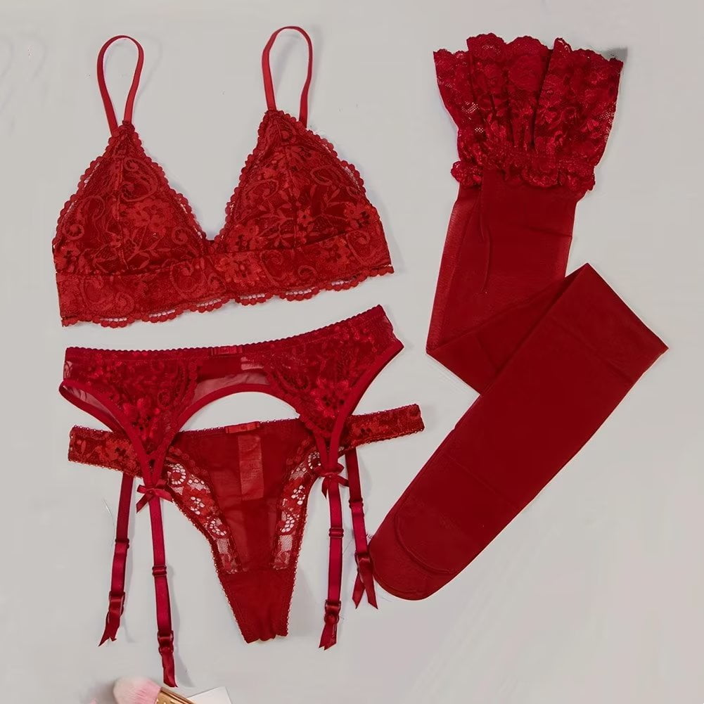 Women's Lace Bra and Panty Sets Lace Matching 4 Piece Lingerie Set