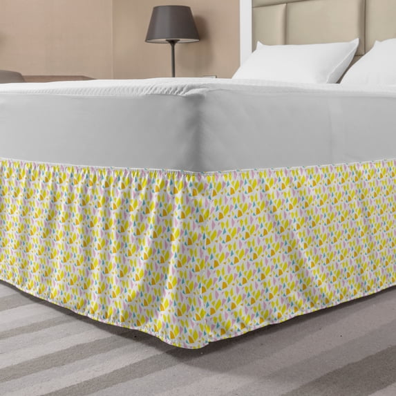 Modern Bed Skirt, Abstract Minimal Design Pattern of Surreal Funky Polygonal Forms, Elastic Bedskirt Dust Ruffle Wrap Around for Bedding Decor, 4 Sizes, Yellow Baby Pink and Seafoam, by Ambesonne