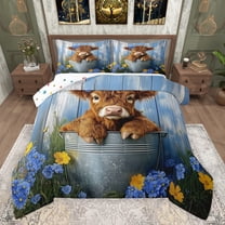 Castle Fairy Kids Teens Adults Highland Cow Bedding Comforter Set 2pcs,Chic Floral Flowers Twin Comforter Sets Microfiber,Rustic Vintage Farmhouse Animal Breathable Bedding Set