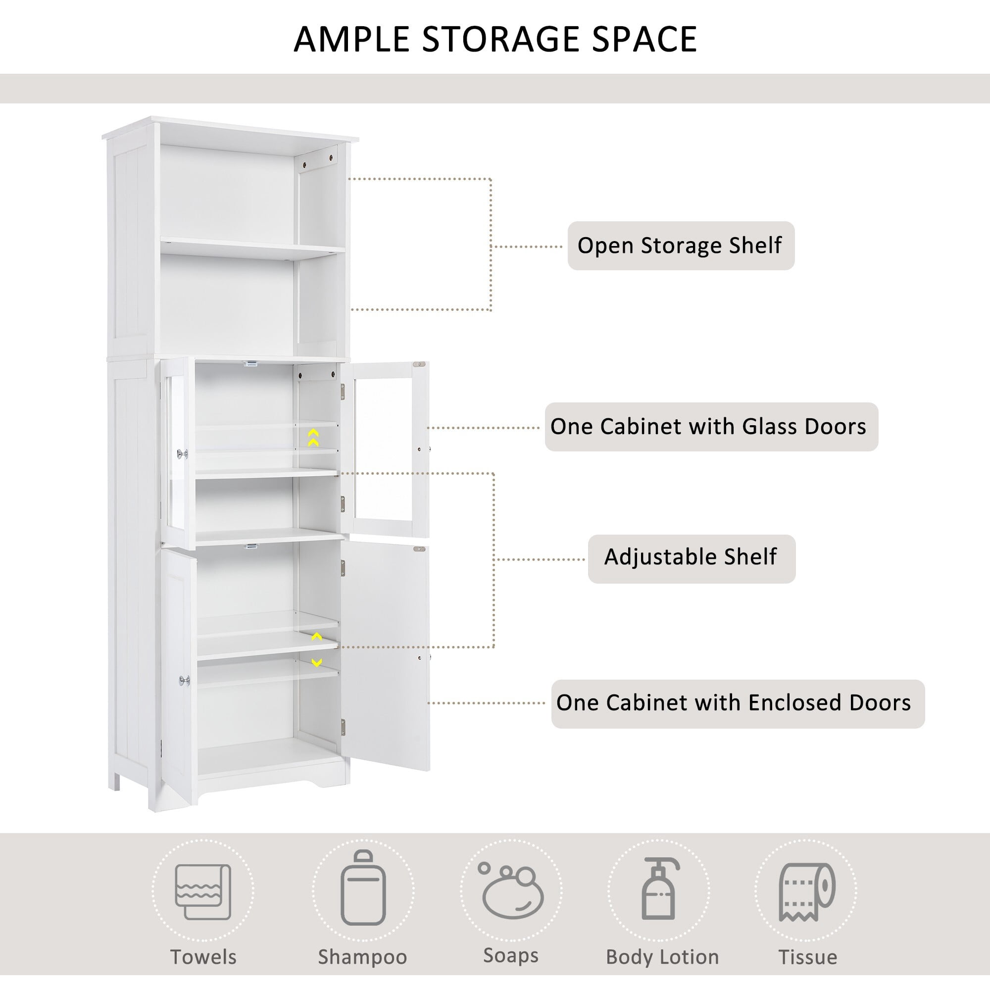 AENKYO Tall Storage Cabinet with Adjustable Shelves, Glass Doors, and Open Shelves, Bathroom or Kitchen, White