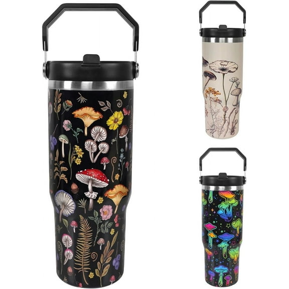 30 oz Black Bottle Spill Proof Mushroom Tumbler with Top Handle and Straw Lid Stainless Steel Double Wall Insulated Tumbler Coffee Mug Gift for Women Men Travel Cup for Car