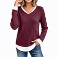 thumbnail image 5 of NominalSnug Women's Long Seleve Top Fake Two Piece Ribbed Knit Sweaters V-Neck Slim Fit Fall Winter Layered Shirt, 5 of 7