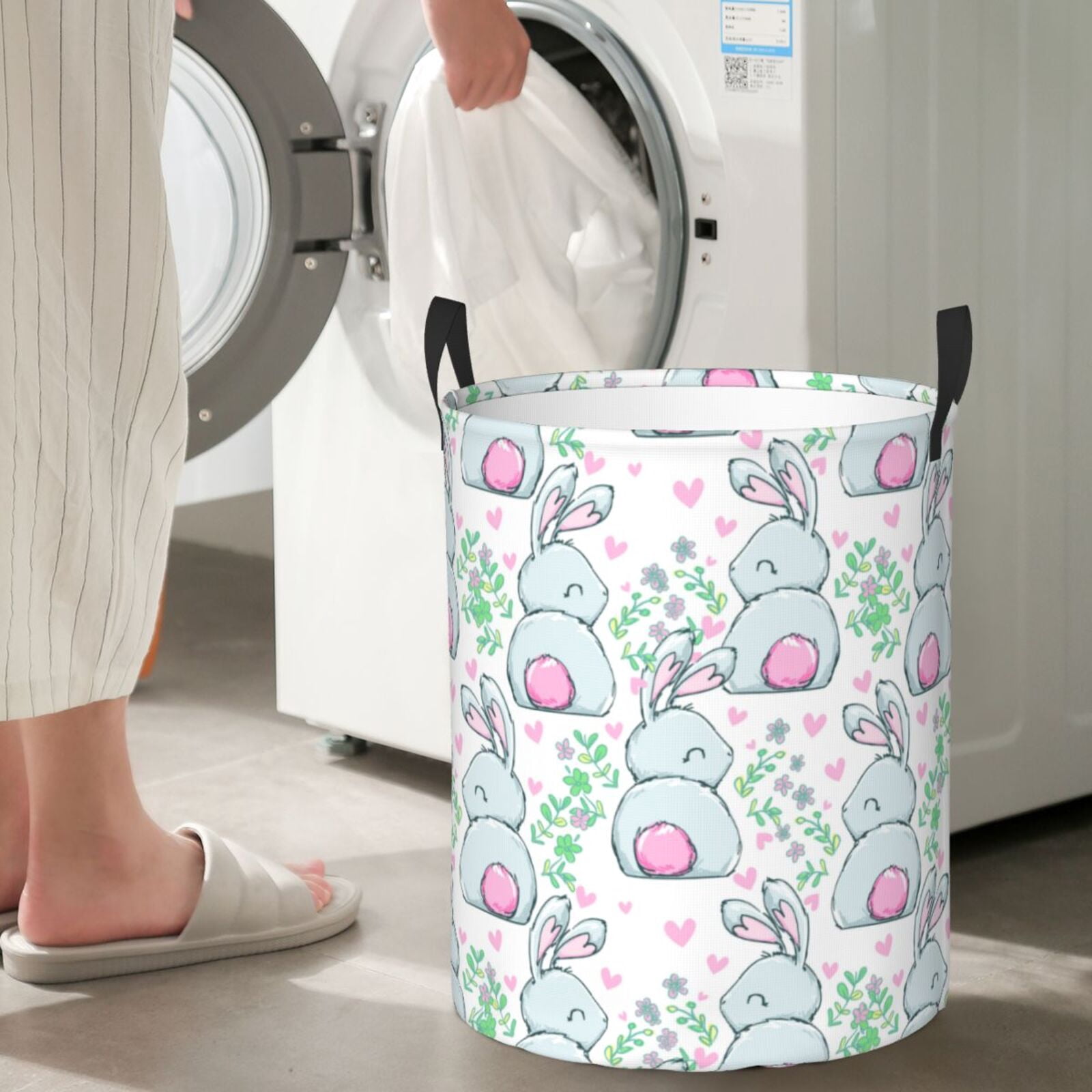 Large Laundry Basket with Handles - Cartoon Smiling Cute Rabbit Flower Kids Baby Dirty Clothes Laundry Hamper for Bedroom Aesthetic