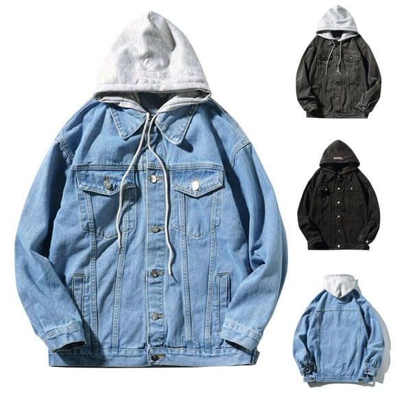 Miluxas Men's Jean Jacket Hoodie Classic Casual Loose Fit Long Sleeve Trucker Coat Denim Jacket with Hood Gray