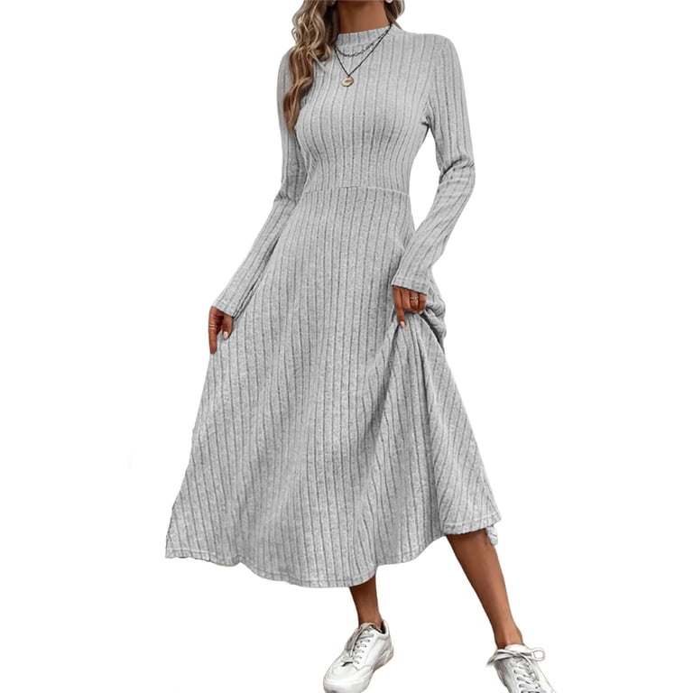 Lekwk Dresses for Women Long Sleeve Mock Neck Midi Dress Ribbed A Line Dress Casual Dresses Fit-and-Flare Dress Warm Fall Work Office Wear, Women's,
