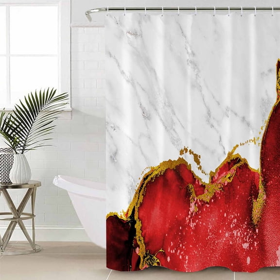 Shower Curtain for Bathroom Abstract Marble Stone TextureWaterproof Bath Curtains Shower Curtains with Hooks,Modern Red Gold WhiteBathroom Curtain Privacy Drapes for Bathtubs Toilet 36x72in