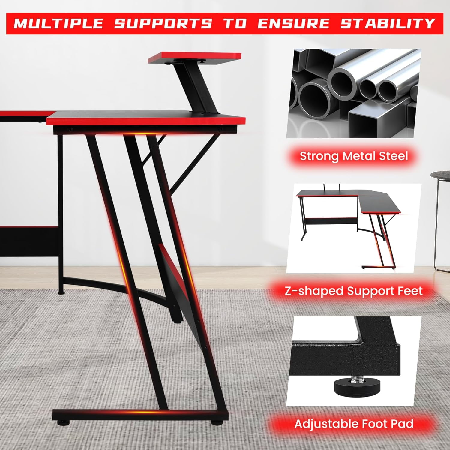 L Shaped Computer Desk - Gaming Table Corner Desk 50 Inch PC Writing Desk Study Desks with Wooden Desktop Monitor Stand for Home Office Dorm Small Space, Black