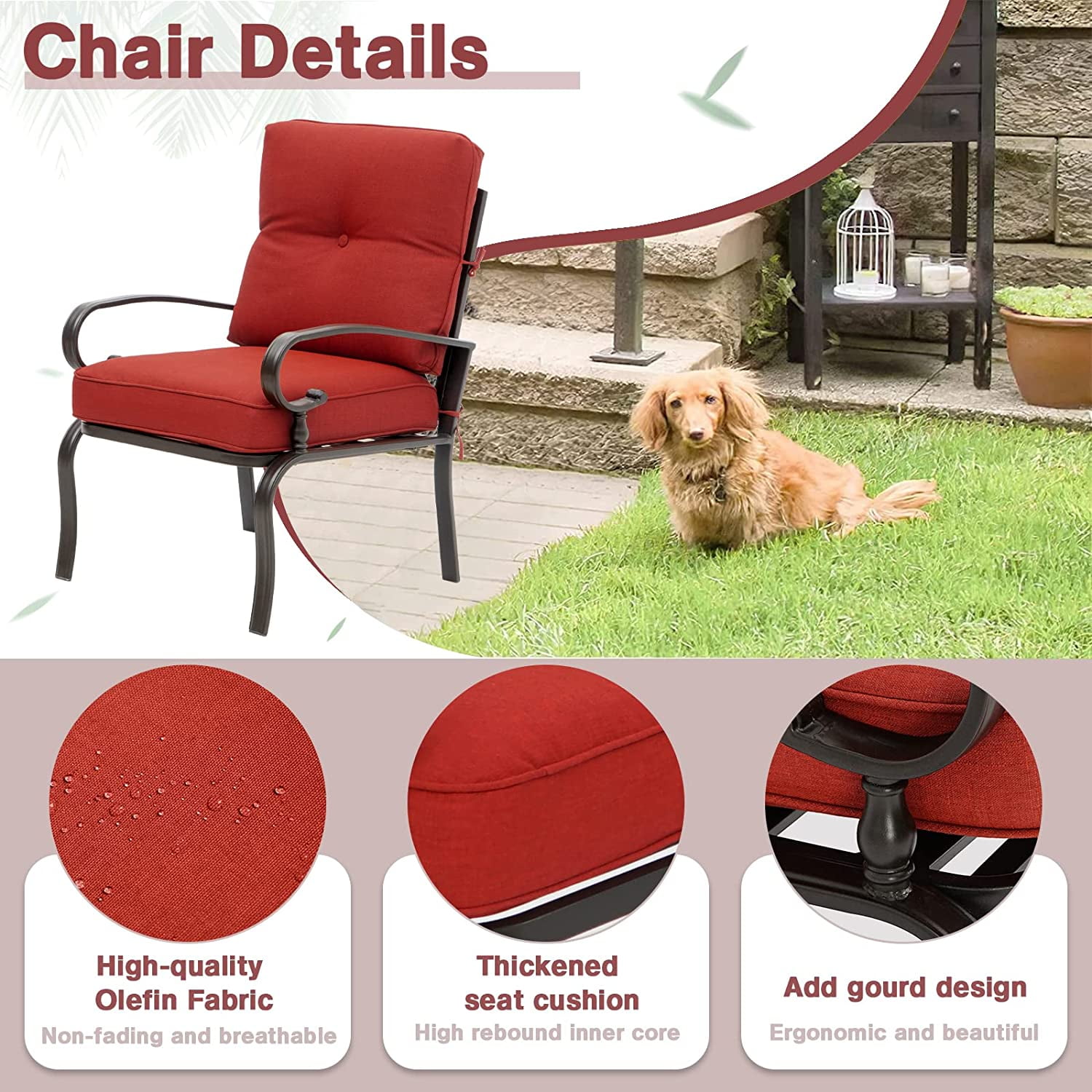SUNCROWN 4 Pieces Outdoor Metal Furniture Patio Conversation Set Loveseat, 2 Dining Chairs and Coffee Table for Lawn Front Porch Garden, Red Cushions