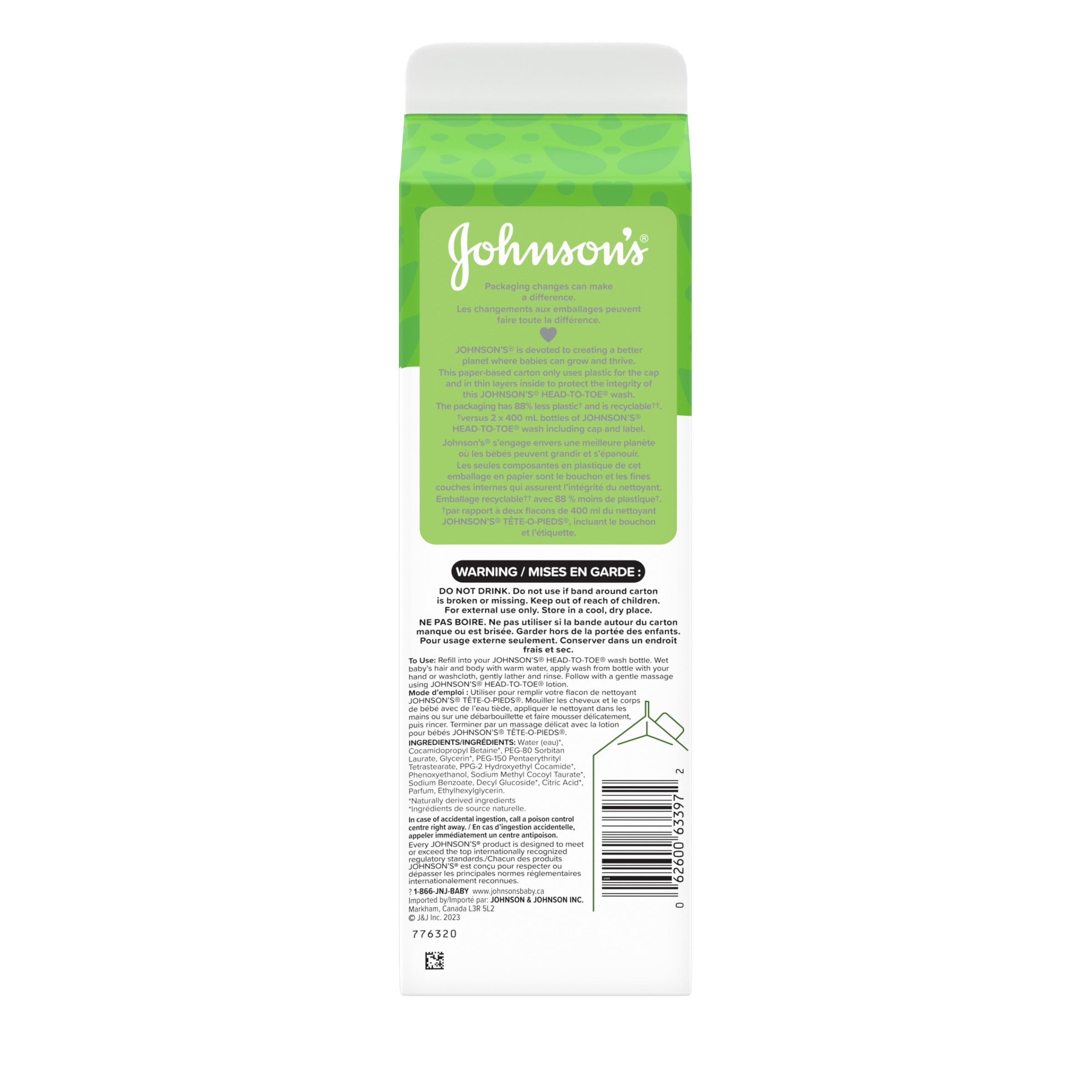 Johnson’s Head to Toe Wash Carton Refill, Gently Cleanses Baby's Delicate Skin, Hypoallergenic Cleanser, Paraben Free