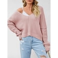 thumbnail image 4 of Women Casual V Neck Solid Color Long Sleeve Off Shoulder Loose Crop Pullover Sweater Tops, 4 of 8